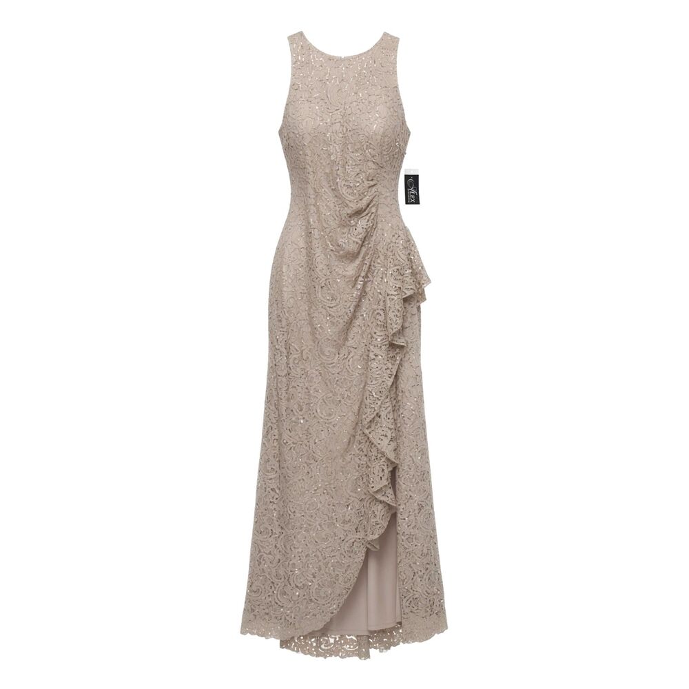 Alex Evenings Size 10 Buff Taupe Sleeveless Sequin Lace Ruched Ruffle Gown Dress